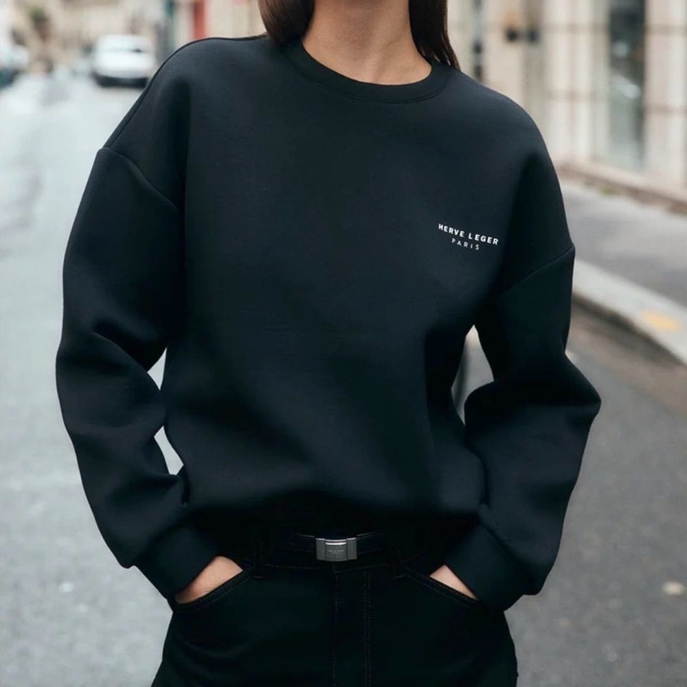 Herve Leger Paris The Colby Sweatshirt Crewneck Long Sleeve Black Size S/M